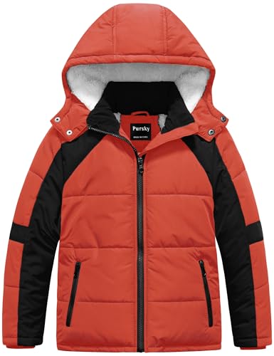 Pursky Boy's Warm Winter Coat Water Resistant Sherpa Outerwear Puffer Jackets With Removable Furry Hood