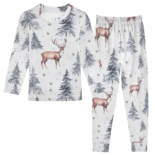 Fustylead Xmas Winter Forest Deer and Fir Tree Cotton Pajamas 2-Piece Long Sleeve Sleepwear Matching Set