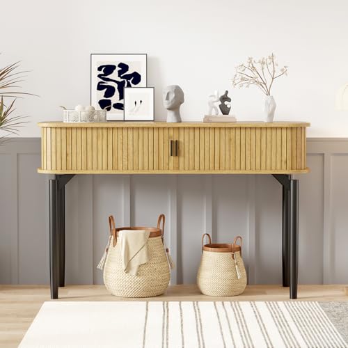 GarveeHome Fluted Console Table with Storage,Wood Sofa Table with Sliding Door,Entryway Table with Storage Space for Living Room,Couch,Hallway,Foyer,Oak