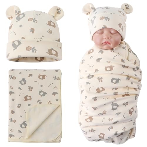 Image of PESAAT Cotton Baby Swaddle Hat Set Newborn Infant Hats Receiving Blankets for Baby Boys Girls