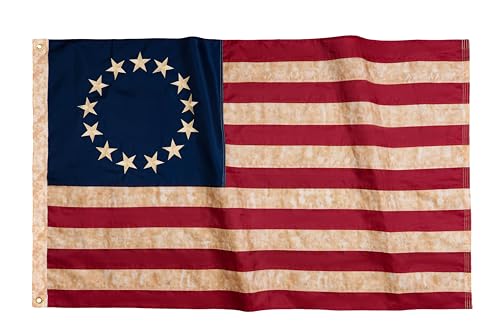 SYII Vintage Betsy Ross Flags 3x5 Feet, Embroidered 13 Stars Colonies American Flag with 2 Brass Grommets, Heavy Duty Polyester Tea Stained American US Outdoor Banner
