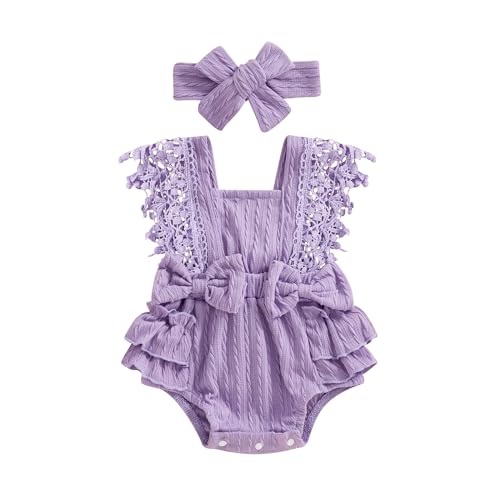 Image of Yoawdats Baby Girl Lace Romper Sleeveless Ruffle Bow Decorated Romper Jumpsuit Bodysuit with Headband Newborn Baby Clothes