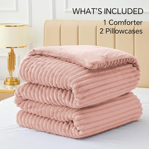 Image of BEDELITE Fleece Oversized Queen Comforter Set -Super Soft & Warm Fluffy Dusty Pink Bedding, Luxury Fuzzy Heavy Bed Set for All Season with 2 Pillow Cases