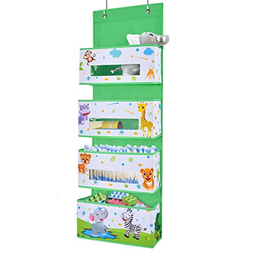 Image of WERNNSAI Jungle Animal Over the Door Hanging Organizer - 4 Clear Window Pockets, Oxford Cloth Material, Suitable for Children's Rooms, Kindergartens, Nurseries