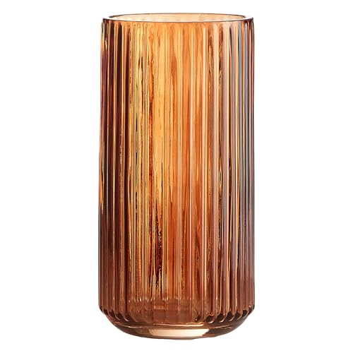 TIMEFOTO Flower Vase 7.5 inch Amber Thickened Hand Blow Glass Vase Round Vintage Striped Bottles for Bookshelf Dinner Table Indoor Office Desktop Meeting Room Bathroom Countertop Home