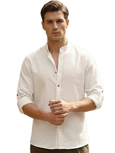 Image of Urbano Fashion Men's Linen Blend Full Sleeve Relaxed Fit Mandarin Collar Casual Solid Shirt