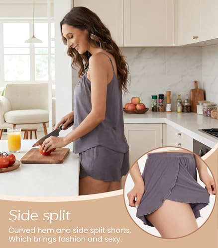 Image of NACHILA Women's Cami Pajamas-Viscose Made from Bamboo, Cool Camisole Pajama Sets Ribbed Pjs Shorts Set Sleeveless Sleepwear