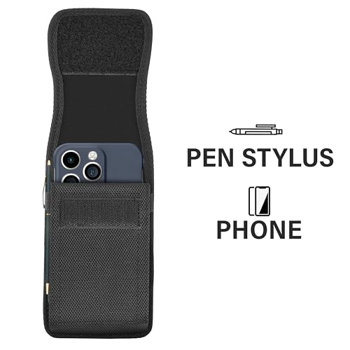 NUVAVO Holster for Large iPhone Plus, Pro Max Models 16 15 14 13 12 11 Xs Max - Cell Phone Belt Holder Case with Clip for Men, Nylon Pouch (Fits Otterbox Cover) Black
