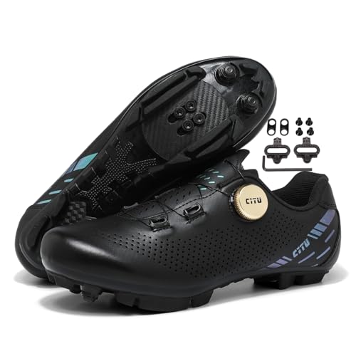 Zapatillas Ciclismo Hombre Mujer Zapatillas de Ciclismo de Montaña con Calas SPD 2 Tornillos Pedales Planos para Bicicleta De MTB De Interior,Negro,47 EU