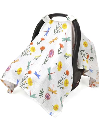 Image of Rquite Infant Car Seat Cover for Babies Girls, 100% Muslin Cotton Carseat Canopy, Breathable Stroller Sun Shade, Baby Shower Gift & Newborn Essentials, Universal Fit Summer & Hot Weather (Floral)