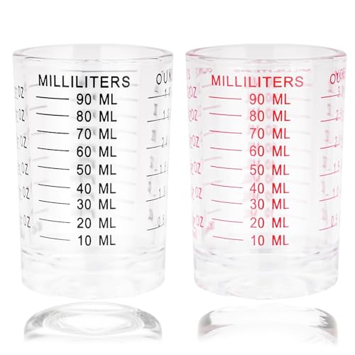 Lot de 2 verres doseurs 90 ml - Pour cocktail, doseur - Petit verre doseur en verre - Accessoire de cocktail - Pour cuisine, bar, fête, cocktail, tequila, vodka, café (noir, rouge) – Image 3