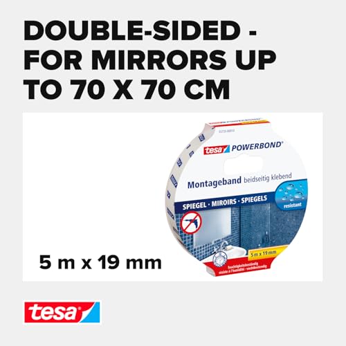 tesa Powerbond Mirror - Double-Sided Mounting Tape for Mirrors - Humidity-Resistant Adhesive Tape for Bathrooms and Showers - 5 m x 19 mm