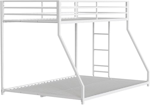 Metal Twin Over Full Metal Bunk with 22 Sturdy Metal Slats Reinforced Guardrails for Home Bed Room Twins White