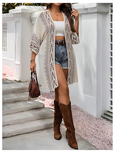 Image of Verdusa Women's Plus Size Boho Tribal Cardigan 3 /4 Sleeve Open Front Loose Kimono Cover Up Khaki XX-Large Plus