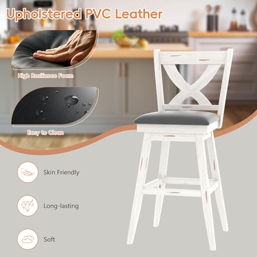 Image of MU Swivel Barstools Set of 6, 29 Inch Bar Height Kitchen Island Chairs with Back, Upholstered Seat Bar Stool with Solid Wood Legs & Footrest, Counter Stools for Pub, Bar, Restaurant (Antique White)
