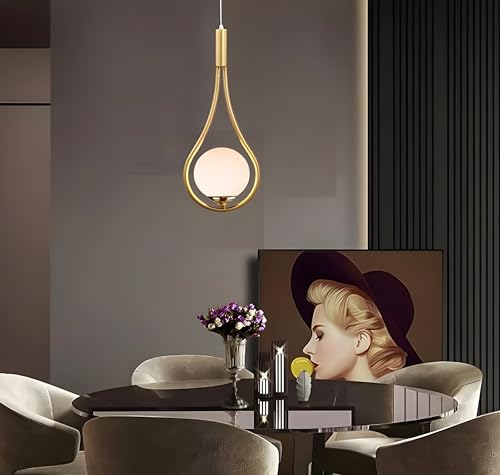 Image of Racket Shaped Golden Metal and Milky Glass Hanging Lights, Pendant Lamps for Dining Table, Kitchen Island, Bedroom, Living Room (Without Bulb)