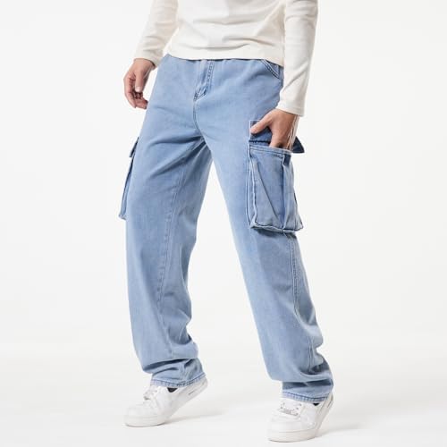 EnllerviiD Men's Baggy Cargo Jeans Straight Relaxed Fit Denim Work Pants Wide Leg Streetwear2