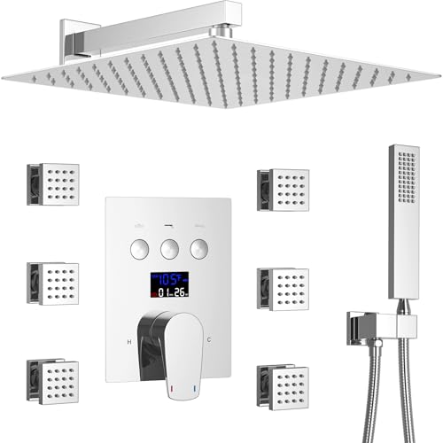 Sistema de ducha con mezcladora y pantalla digital de temperatura WHSHOWER con 6 jets corporales, cabezal cuadrado de 12 pulgadas, acabado cromado miniatura 1
