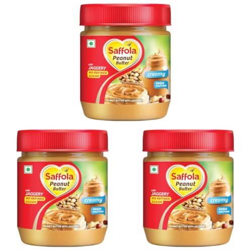 Image of Saffola Peanut Butter with Jaggery, Creamy 350 gm | High Protein Peanut Butter | No Refined Sugar (Pack of 3)