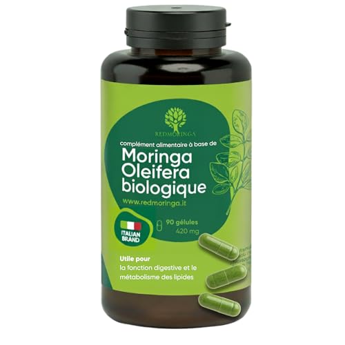 Moringa Bio | La seule Moringa Biologique produite en Italie | Véganes sans Additifs | Super Antioxydant riche en Vitamines et Protéines Végétales | Haute Qualité RedMoringa | 90 Gélules