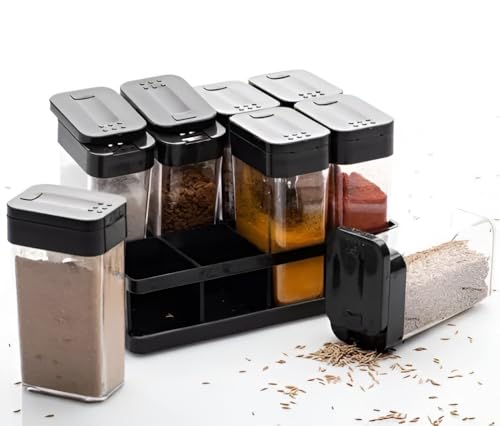 Image of Spice Jar Set with Rack, 8 Transparent Containers with Sliding Lid, Adjustable Pour Dual Holes Design, Kitchen Seasoning Storage Stand