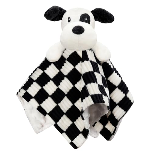 Image of BEILIMU Baby Security Blanket for Boys Girls, High Contrast Super Soft 3D Checkerboard Gingham with Minky Dot Fabric Backing Snuggle Stuffed Animal Blankie Puppy Lovely Black 14 Inch