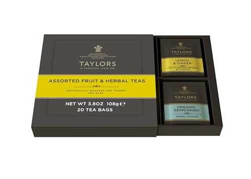 Taylors of Harrogate Assorted Specialty Fruit and Herbal Teas Sampler, Variety Gift Box, Individually Wrapped Bags, 20 Count (Pack of 1), Lemon & Ginger, Blackberry & Raspberry, Pure Peppermint, and Pure Chamomile, Caffeine-Free, Enjoy Hot or Iced, 20 Teabags