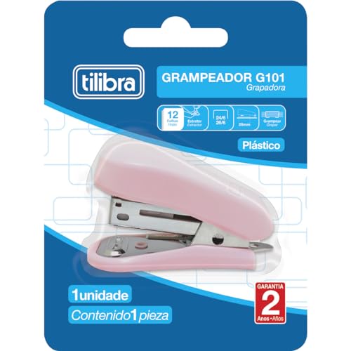 Tilibra - Grampeador 12 Folhas Mini com Extrator G101, Rosa Claro