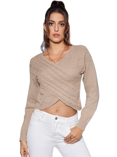 Image of WDIRARA Women's Wrap V Neck Criss Cross Long Sleeve Asymmetrical Crop Sweater Cable Knit Tops
