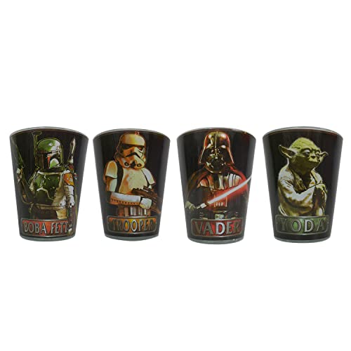 Image of Silver Buffalo Star Wars Featuring Yoda, Stormtrooper, Boba Fett, and Darth Vader 4 Pack Mini Glasses, 1.5 Ounces