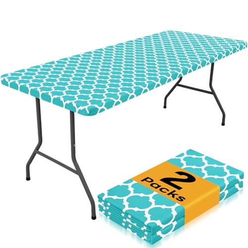 Smiry 2 Pack Rectangle Table Cloth 6 Foot, Waterproof Elastic Fitted Tablecloths, Windproof Washable Polyester Table Cover for Picnic, Camping, Outdoor (Aqua, 30"x72")
