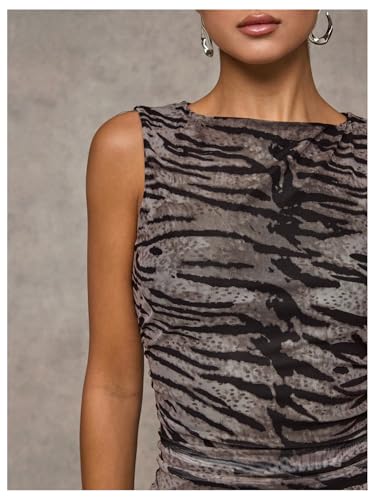 SOLY HUX Women's Bodycon Mini Dress Y2k Animal Print Crewneck Sleeveless Ruched Party Club Dresses4