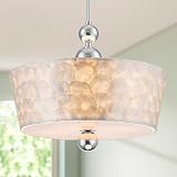 Pine Flicker 4-Light Conical Capiz Shell Chandelier, Coastal Style Pendant Light Fixture for Dining Room, Living Room, D18*H19~55 inch (Adjustable Height), Real Shell Lampshade & Chrome Finish