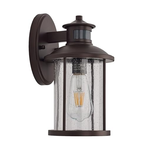 Image of MICSIU Motion Sensor Bronze Outdoor Wall Light 1 Pack, 11.5 inch Farmhouse | 3 Modes Exterior Light Fixture with Seedy Glass, Anti-Rust Dusk to Dawn Outside Wall Sconce for House, Front Porch, Deck