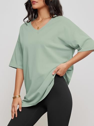Image of ATHMILE Womens Oversized Shirts V Neck Plus Size Spring Workout Summer Tops Beach Vacation 2026 Gym Clothes Basic Tee