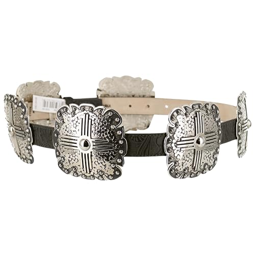 Ladies Black Floral Embossed Leather Belt with Antique Silver Tone Square Conchos, Removable Buckle2