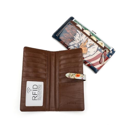 Slim Wallets for Women Credit Card Holder RFID Bifold Clutch Long Ladies Billfold Wallets with Zipper Coin Pocket ID Window Printing Eagle2