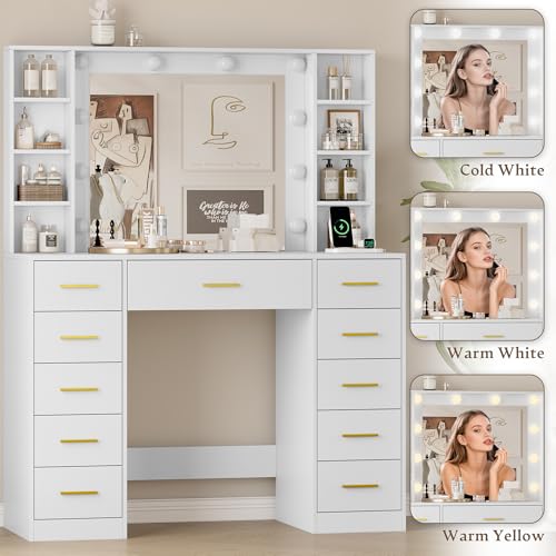 Image of Wodeer Makeup Vanity with Drawers, 43 inch White Vanity Desk with Mirror and Lights, 11 Drawers & 4 Shelves, Power Outlet & Adjustable LED Lights, Dressing Table for Women & Girls Bedroom