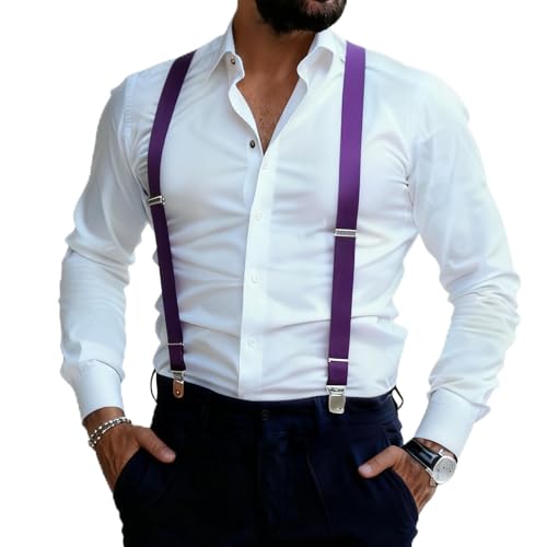 Image of Suspenders for Men and Women Adjustable Elastic 1 inch Wide Leather Heavy Pants Strong Metal Clips Suspender Costume