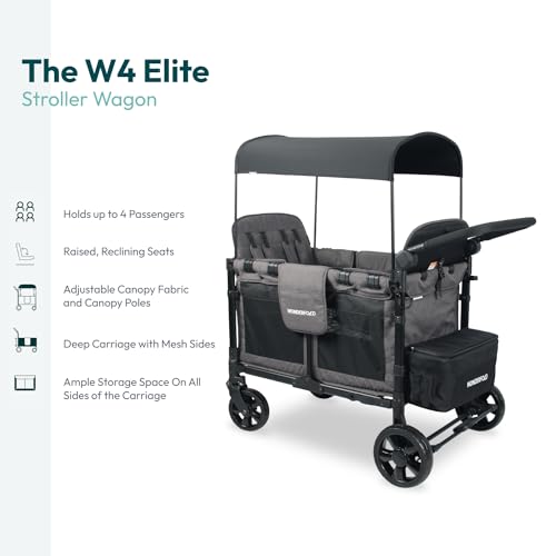 WONDERFOLD W4 Elite Stroller Wagon (4 Seater) - Collapsible Wagon Stroller with Seats with 5-Point Harnesses, Adjustable Push Handle, and Removable UV Sun Canopy, Charcoal Gray