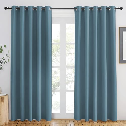 NICETOWN Smoky Blue Blackout Curtains 84 inch Length, Grommet Top Room Darkening Drapes for Bedroom Living Room, Light Blocking Window Covering for Privacy (W66 x L84 Inch, 1 Panel)
