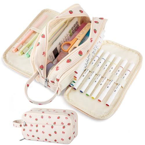 YILANCOL Cute Corduroy Pencil Case with Handle Extra Large 4 Compartment Multiple Pockets Aesthetic Pencil Pouch Organizer for Teen Girls School & College Supplies (Beige Strawberry Bow)