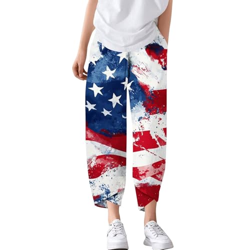 July 4Th Baggy Pants for Women American Flag High Waisted Pants Capri Split Summer Baggy Trouser Elastic Pocket Outfit3