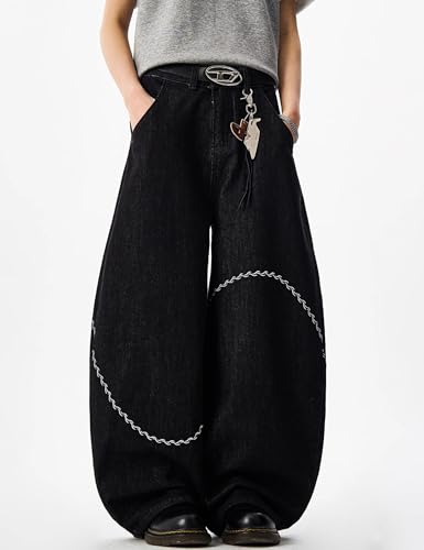 Men Hip Hop Baggy Jeans Wide Leg Black Jeans Vintage Skateboard Pants Loose Fit Straight Leg Skater Y2k Denim Pants3