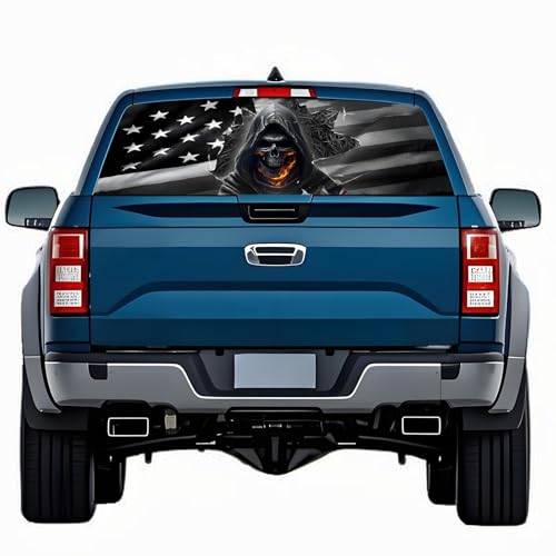 Image of Rear Window Decals for Trucks - 65x17.3 in Back Window Decals Fit Most Pickup Trucks SUV, Vinyl American Skull Flag Back Window Decal for Car Personalized Decoration - Skull Decal-7-S