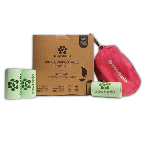 Image of Pawtria Bundle Product of 240 Pet Waste Bags and 1 Canvas Dispenser (Pink), Cat Litter, Vegetable Starches, Eco-friendly Dog Waste Bags, Leak proof, Easy to Open, Give Back, Fabric poop bag holder