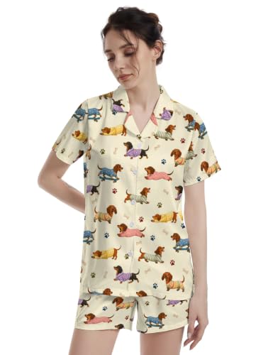 Image of Funny Pajamas for Women Set Print Satin Loungewear Pjs Short Sleeve Button Down Top and Shorts Sets Sleepwear XS-3XL