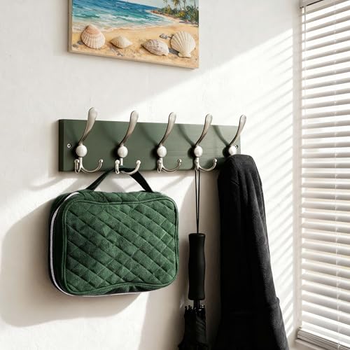 Image of SKOLOO Creations Forest Green Solid Wood Wall Mounted Coat Rack, 5 Hooks, 16-7 /8 inch Long - Kitchen, Mudroom, Entryway, Bathroom - Includes Mounting Hardware, Wall Coat Hanger, Towel Rack