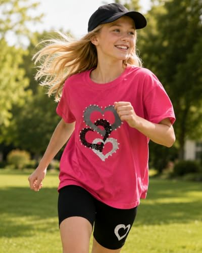 Image of 9-16Y Tween Girl Clothes 2 Piece Short Sleeve Heart Print Top and Shorts Teen Girl Summer Outfits Short Set