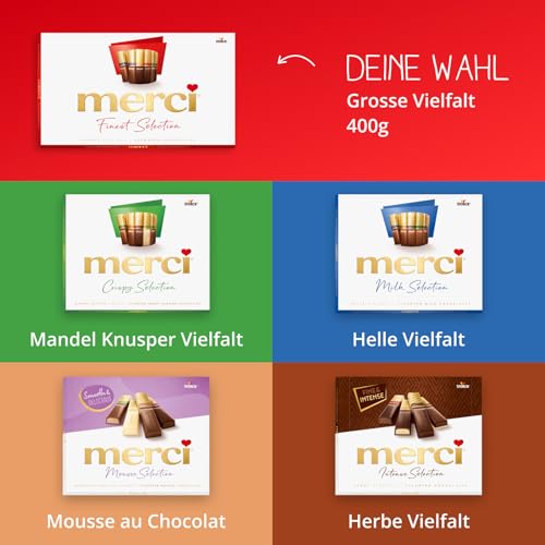 merci Finest Selection Große Vielfalt – 1 x 400 g – Erlesene Schokoladen-Spezialitäten – Gefüllte und nicht gefüllte Pralinen